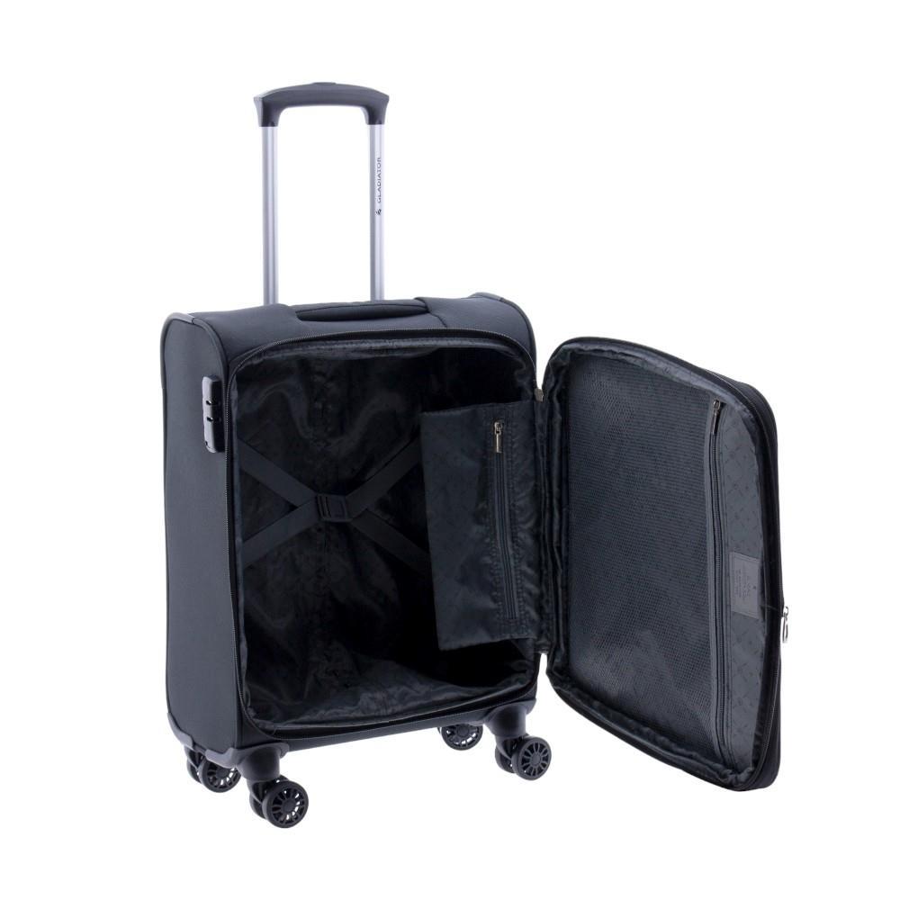 Interior abierto de la maleta Gladiator 3D negra con cintas para sujetar la ropa y compartimentos para organizar el equipaje, disponible en Luisipo.