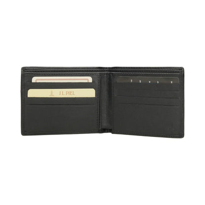 Interior de la cartera americana J.L Piel mostrando las ranuras para tarjetas, la doble billetera y el porta DNI extraíble con protección RFID.