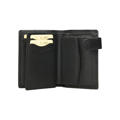 Vista interior de la cartera vertical J.L Piel mostrando el monedero con cierre, la doble billetera, las ranuras para tarjetas y la distribución de los compartimentos.