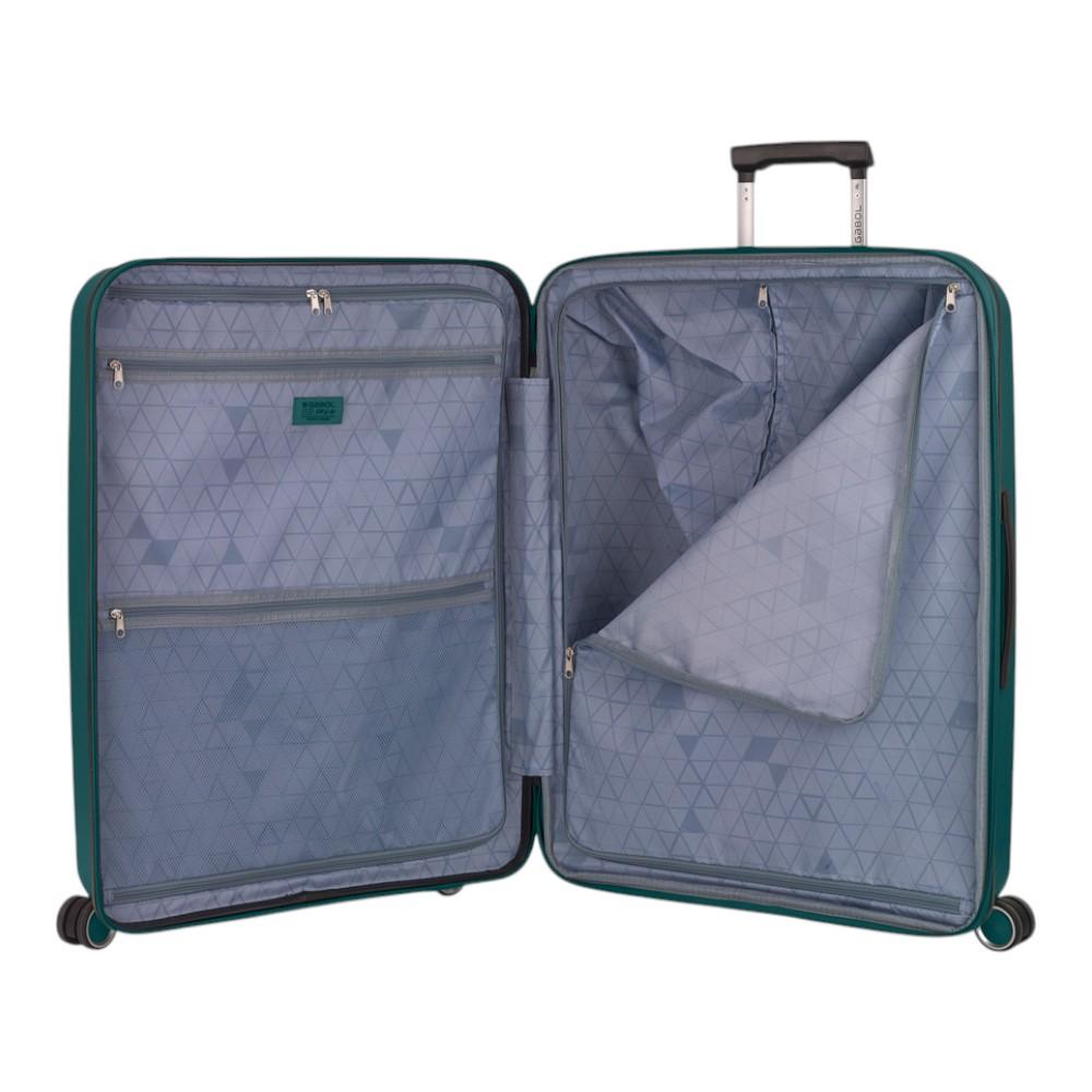 Interior de la maleta grande Gabol Brooklyn con doble separador, bolsillos organizadores y forro fabricado con material reciclado para mantener el equipaje ordenado.