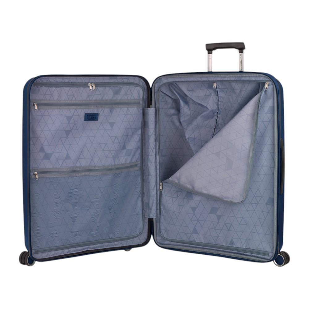 Interior de la maleta grande Gabol Brooklyn con doble separador de cremallera, bolsillos organizadores y forro fabricado con material reciclado para mantener toda la ropa perfectamente organizada.