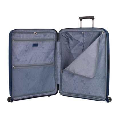 Interior de la maleta grande Gabol Brooklyn con doble separador de cremallera, bolsillos organizadores y forro fabricado con material reciclado para mantener toda la ropa perfectamente organizada.