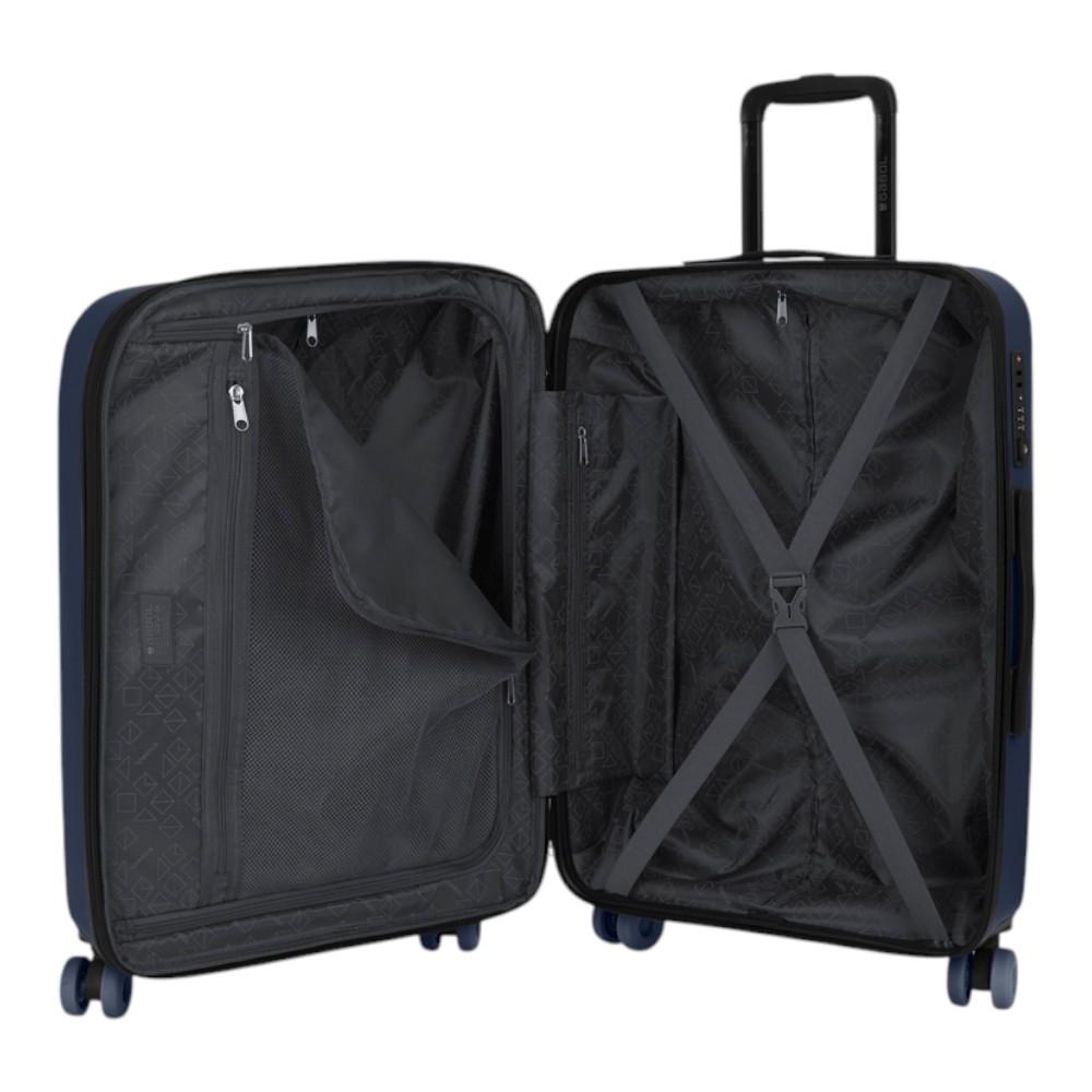 Interior de la maleta mediana Gabol Pacific con separador, bolsillo con cremallera y forro fabricado con material reciclado para mantener el equipaje perfectamente organizado.