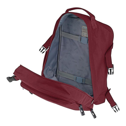 Interior abierto de la mochila Gabol Week burdeos con espacio organizado para el equipaje y compartimento para portátil de hasta 14 pulgadas.