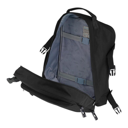 Interior abierto de la mochila Gabol Week negra disponible en Luisipo, con espacio organizado para el equipaje y compartimento para portátil de hasta 14 pulgadas.