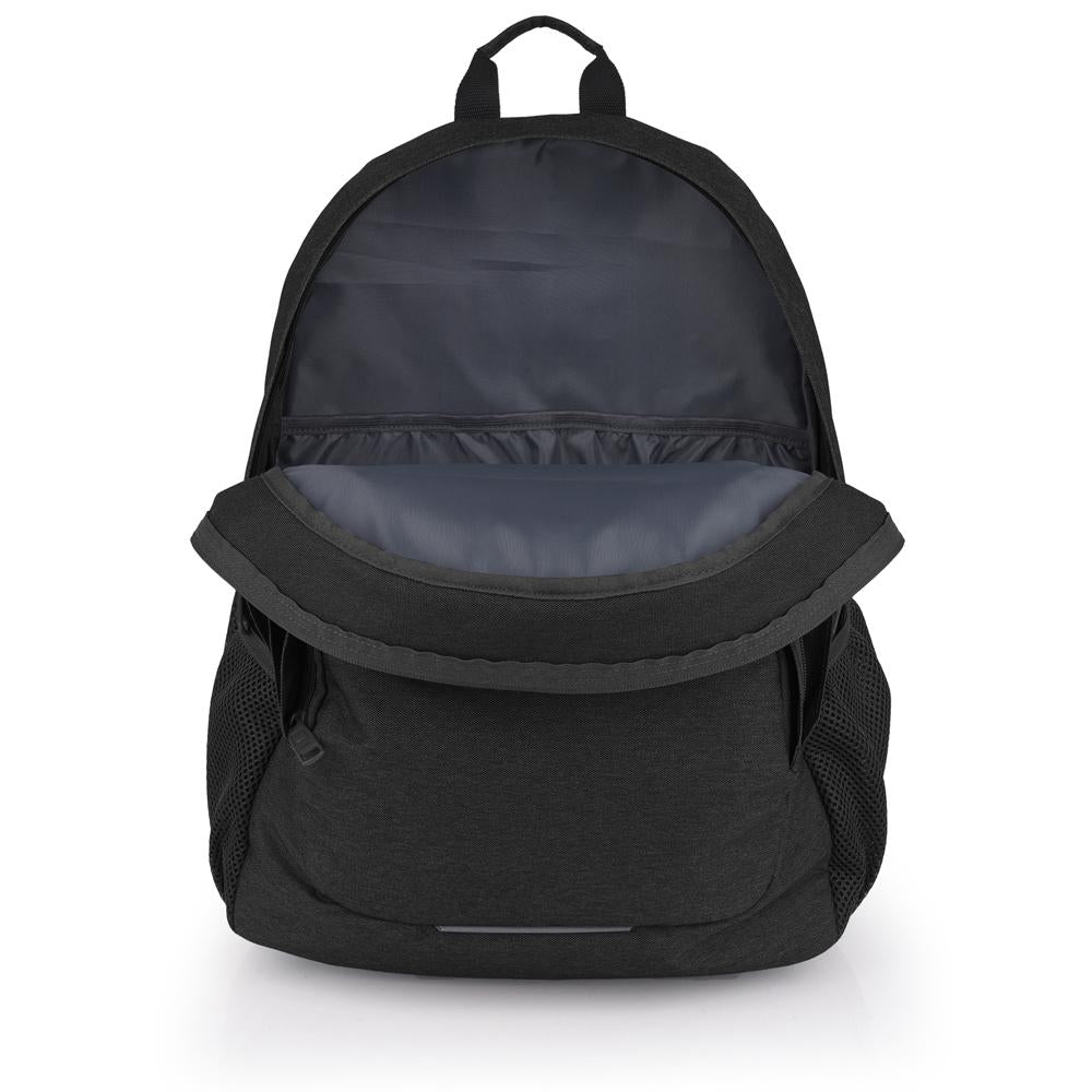 Mochila Gabol Wolf negra abierta mostrando su amplio interior, organizador y funda para transportar de forma ordenada un portátil de hasta 15,6 pulgadas.
