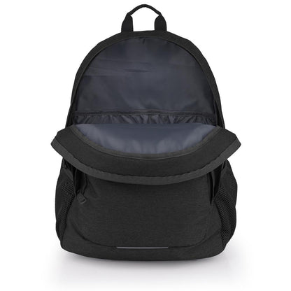 Mochila Gabol Wolf negra abierta mostrando su amplio interior, organizador y funda para transportar de forma ordenada un portátil de hasta 15,6 pulgadas.