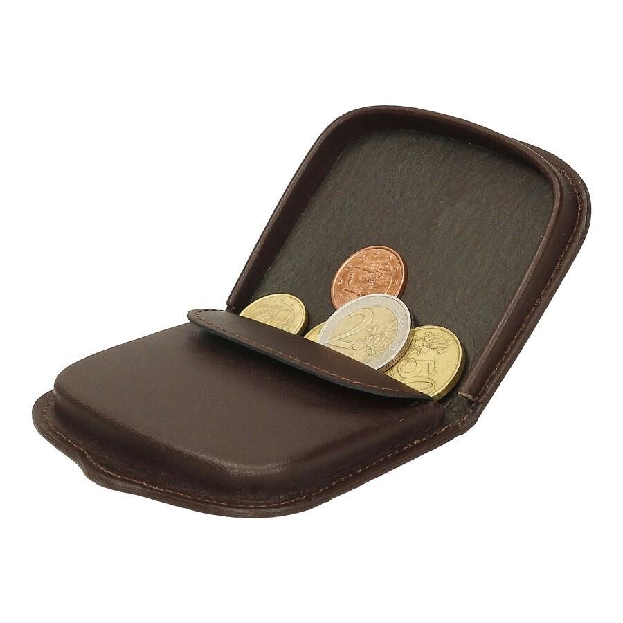 Detalle interior del monedero de tacón J.L Piel marrón chocolate abierto, con práctico espacio para monedas y fabricación artesanal en piel de Ubrique.