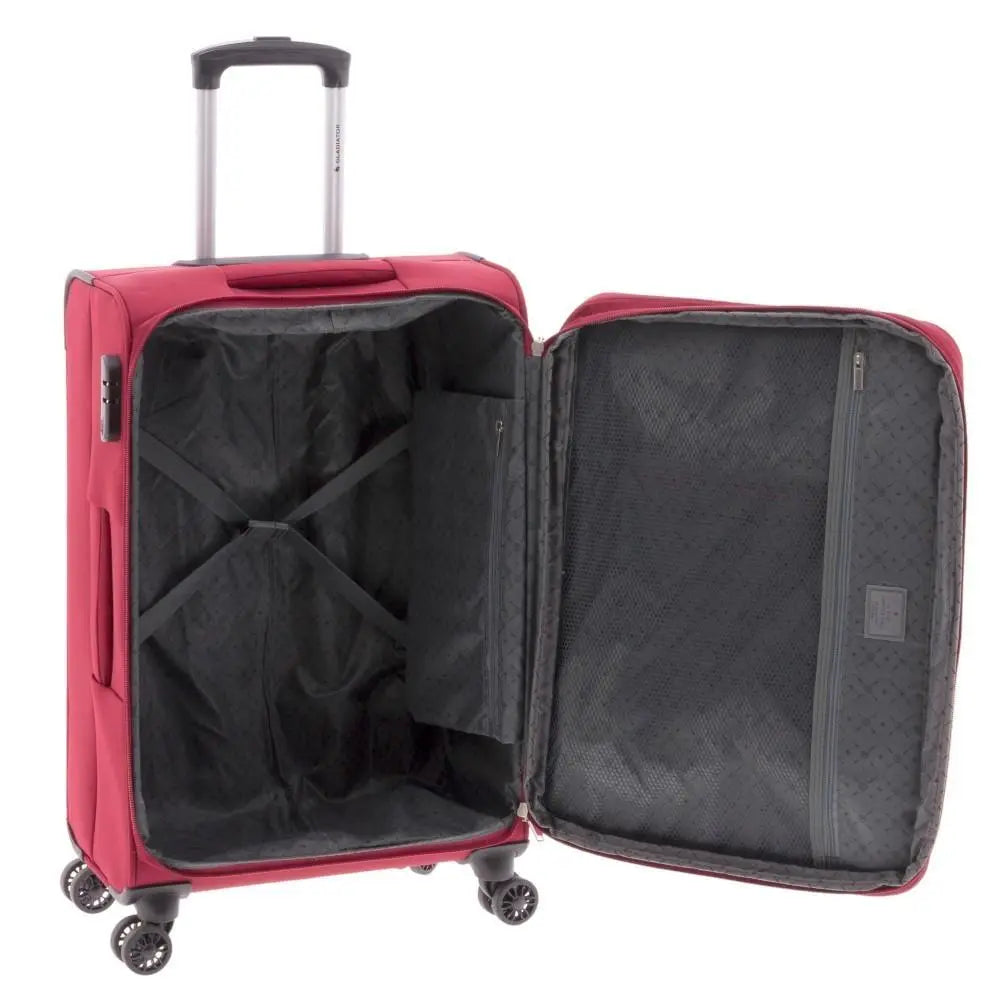 Interior de la maleta abierto, mostrando el amplio compartimento principal con cintas de sujeción elásticas y el separador de malla en la tapa.