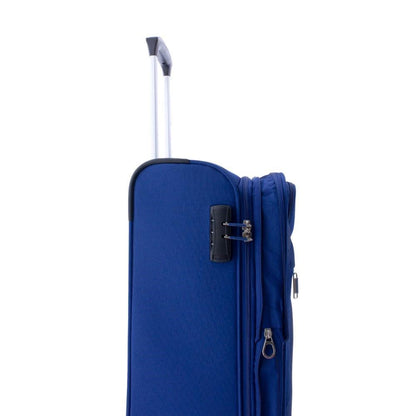 Vista lateral de la maleta Gladiator 3D azul con fuelle expandible para aumentar aproximadamente un 10-15% su capacidad.