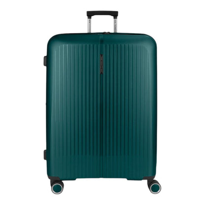 Vista frontal de la maleta grande Gabol Brooklyn verde botella fabricada en polipropileno de alta gama, perfecta para viajar con hasta 23 kg de equipaje.