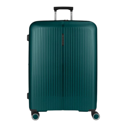 Vista frontal de la maleta grande Gabol Brooklyn verde botella fabricada en polipropileno de alta gama, perfecta para viajar con hasta 23 kg de equipaje.