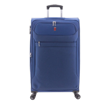 Vista frontal de la Maleta Grande Gladiator 3D azul con varios bolsillos exteriores, 8 ruedas y gran capacidad para viajes largos y equipajes de hasta 23 kg.