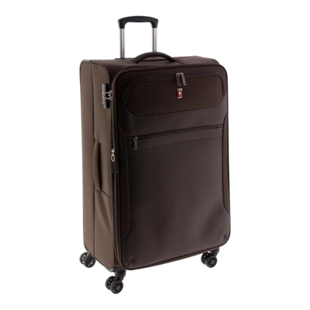 Vista frontal en diagonal de la Maleta Grande Gladiator 3D marrón disponible en Luisipo, con bolsillos exteriores, fuelle expandible y 8 ruedas de giro 360º.