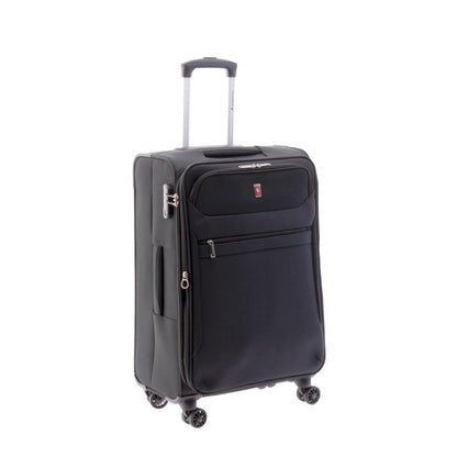 Vista frontal y lateral de la Maleta Mediana Gladiator 3D negra, con prácticos bolsillos exteriores y capacidad expandible de 66 a 76 litros, disponible en Luisipo.