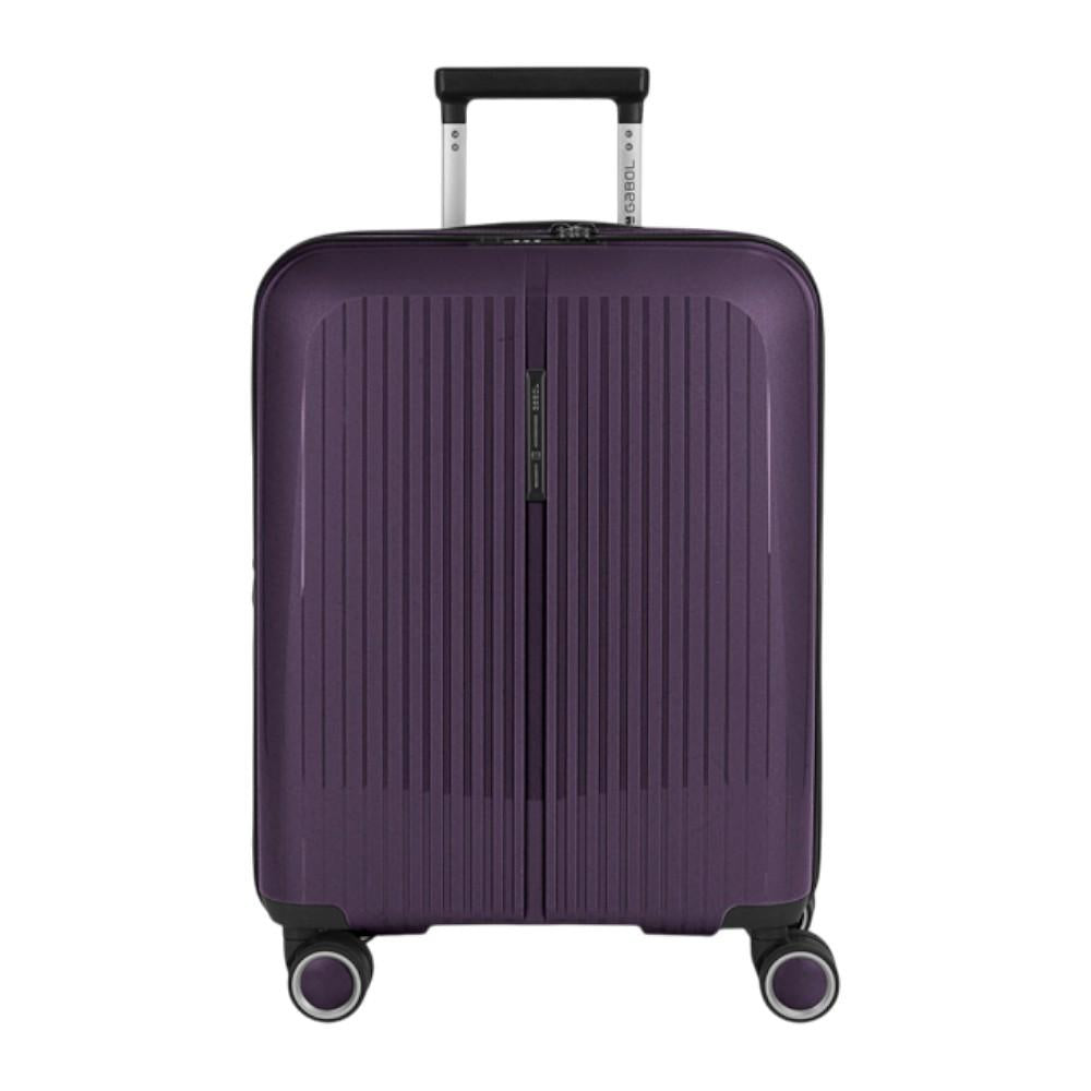 Vista frontal de la maleta de cabina Gabol Brooklyn en color morado oscuro, fabricada en polipropileno de alta resistencia con cuatro ruedas dobles multidirección, ideal para viajes de fin de semana y equipaje de mano.