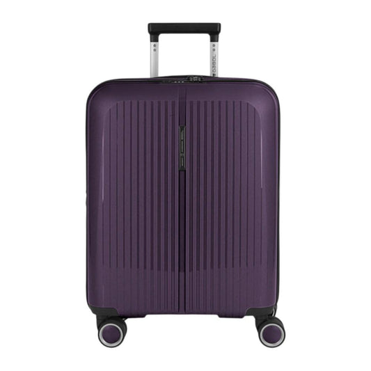 Vista frontal de la maleta de cabina Gabol Brooklyn en color morado oscuro, fabricada en polipropileno de alta resistencia con cuatro ruedas dobles multidirección, ideal para viajes de fin de semana y equipaje de mano.