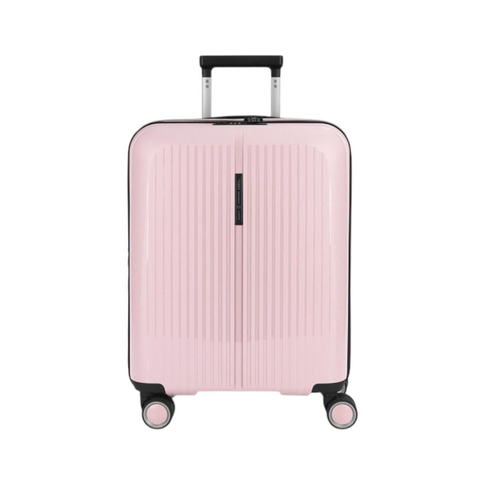 Vista frontal de la maleta de cabina Gabol Brooklyn en color rosa metalizado, fabricada en polipropileno de alta resistencia con cuatro ruedas dobles multidirección, ideal para escapadas de fin de semana.
