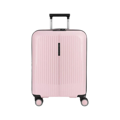 Vista frontal de la maleta de cabina Gabol Brooklyn en color rosa metalizado, fabricada en polipropileno de alta resistencia con cuatro ruedas dobles multidirección, ideal para escapadas de fin de semana.