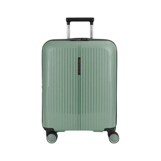 Vista frontal de la maleta de cabina Gabol Brooklyn en color verde oliva, fabricada en polipropileno de alta resistencia con cuatro ruedas dobles multidirección, ideal para viajes de fin de semana y equipaje de mano.