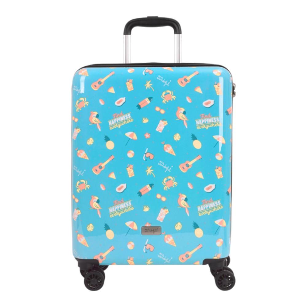 La cara más alegre de tus viajes. Diseño frontal completo con el icónico estampado de nubes y frases motivadoras.