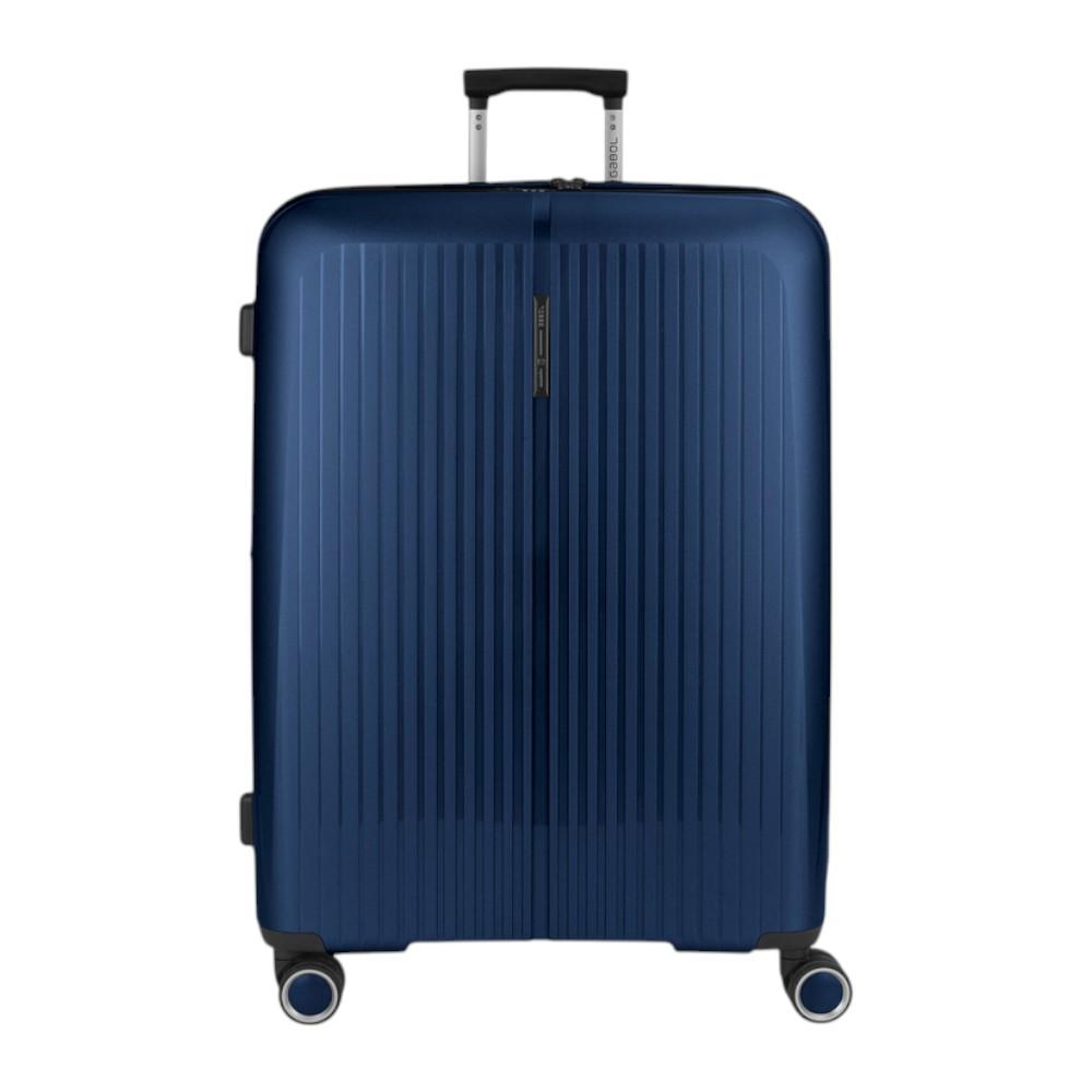 Vista frontal de la maleta grande Gabol Brooklyn en color azul marino, fabricada en polipropileno de alta resistencia con cuatro ruedas dobles multidirección, perfecta para viajes largos, vacaciones en familia o estancias Erasmus.