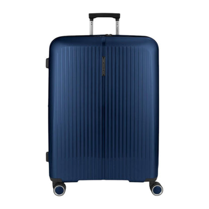 Vista frontal de la maleta grande Gabol Brooklyn en color azul marino, fabricada en polipropileno de alta resistencia con cuatro ruedas dobles multidirección, perfecta para viajes largos, vacaciones en familia o estancias Erasmus.