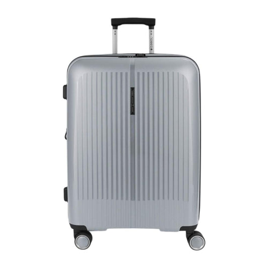 Vista frontal de la maleta mediana Gabol Brooklyn en color plata, fabricada en polipropileno de alta resistencia con cuatro ruedas dobles multidirección, ideal para viajes de 5 a 7 días.