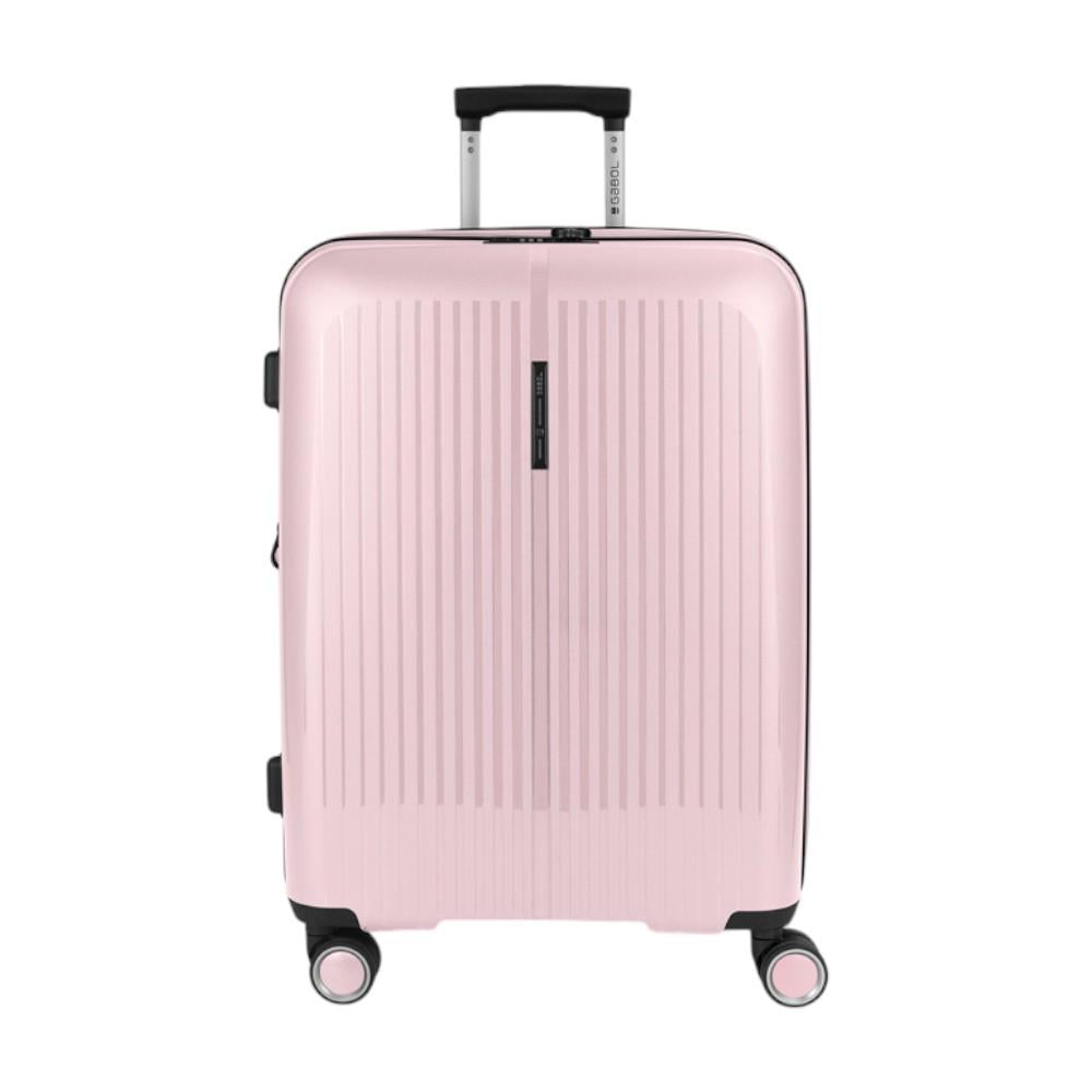 Vista frontal de la maleta mediana Gabol Brooklyn en color rosa metalizado, fabricada en polipropileno de alta resistencia con cuatro ruedas dobles multidirección, ideal para viajes de 5 a 7 días.