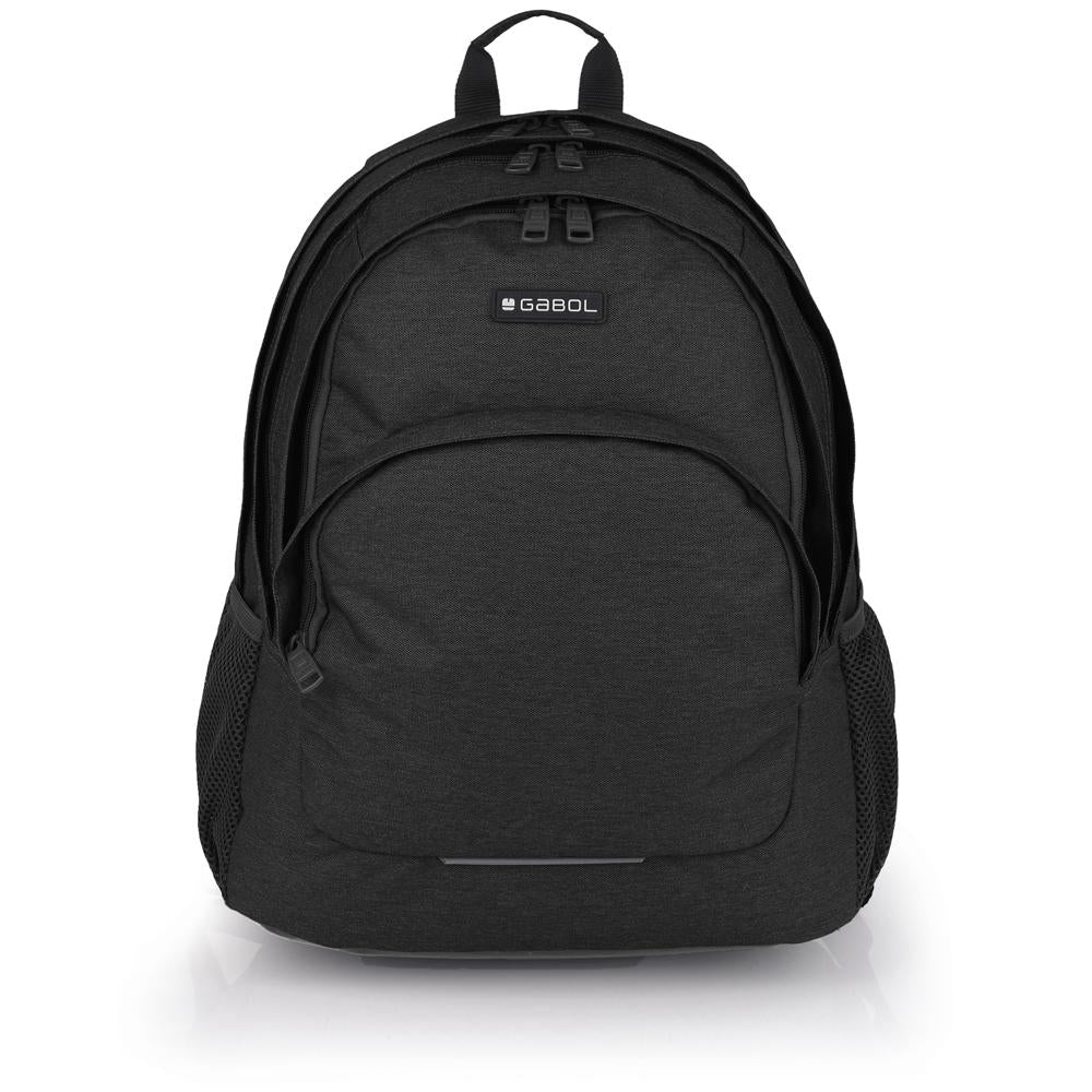 Vista frontal de la mochila Gabol Wolf negra con tres compartimentos, diseño sobrio y espacio para portátil de 15,6", ideal para instituto o trabajo.