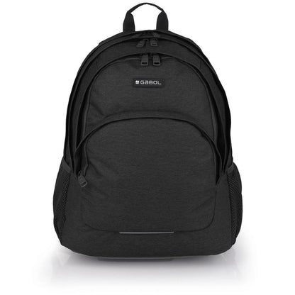 Vista frontal de la mochila Gabol Wolf negra con tres compartimentos, diseño sobrio y espacio para portátil de 15,6", ideal para instituto o trabajo.