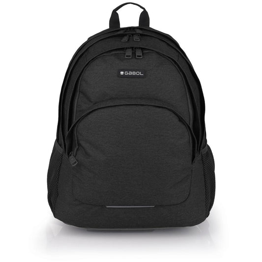 Vista frontal de la mochila Gabol Wolf negra con tres compartimentos, diseño sobrio y espacio para portátil de 15,6", ideal para instituto o trabajo.