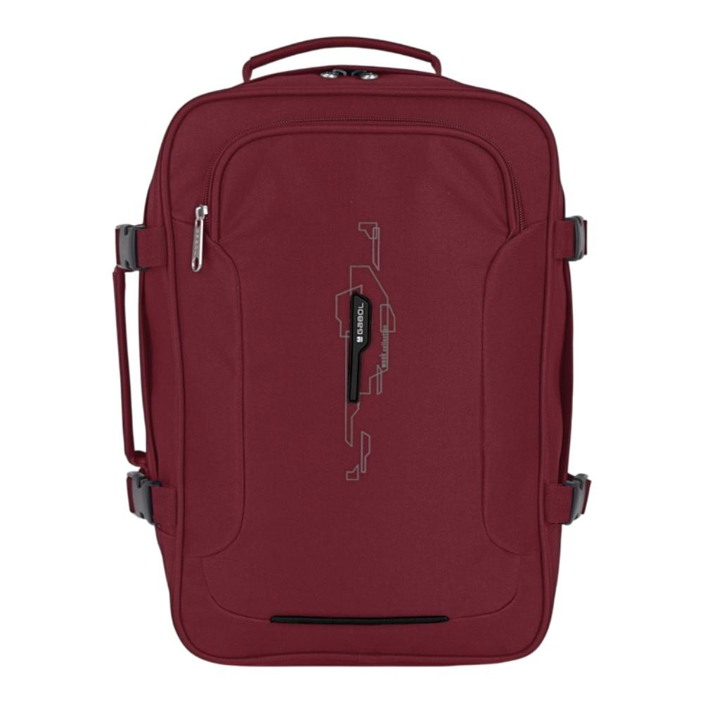 Vista frontal de la mochila Gabol Week burdeos de 27 × 39 × 18 cm y 19 litros, con formato rectangular pensado para aprovechar el equipaje de mano.