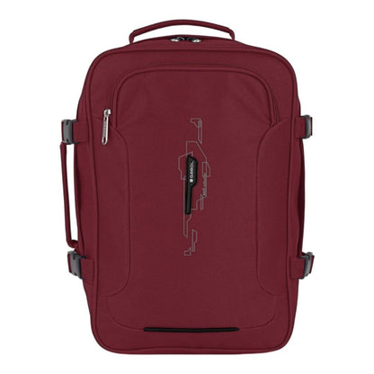 Vista frontal de la mochila Gabol Week burdeos de 27 × 39 × 18 cm y 19 litros, con formato rectangular pensado para aprovechar el equipaje de mano.
