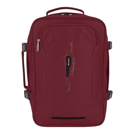 Vista frontal de la mochila Gabol Week burdeos de 27 × 39 × 18 cm y 19 litros, con formato rectangular pensado para aprovechar el equipaje de mano.
