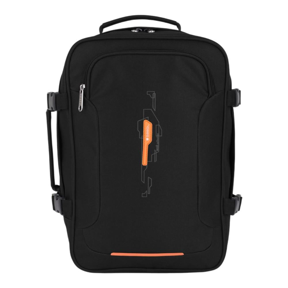 Vista frontal de la mochila bajo asiento Gabol Week negra disponible en Luisipo, con formato rectangular de 27 × 39 × 18 cm y 19 litros de capacidad.