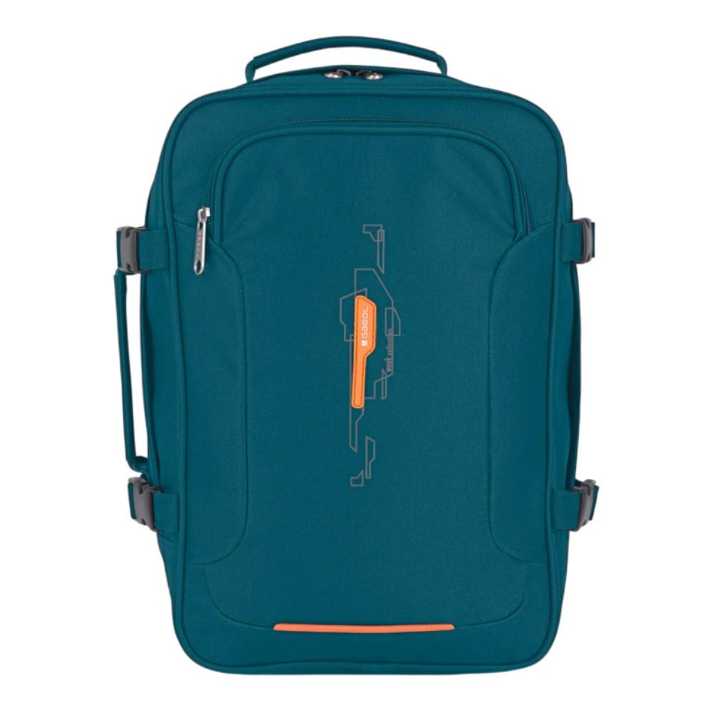 Vista frontal de la mochila Gabol Week turquesa de 27 × 39 × 18 cm y 19 litros, diseñada para viajar como equipaje de mano bajo asiento.