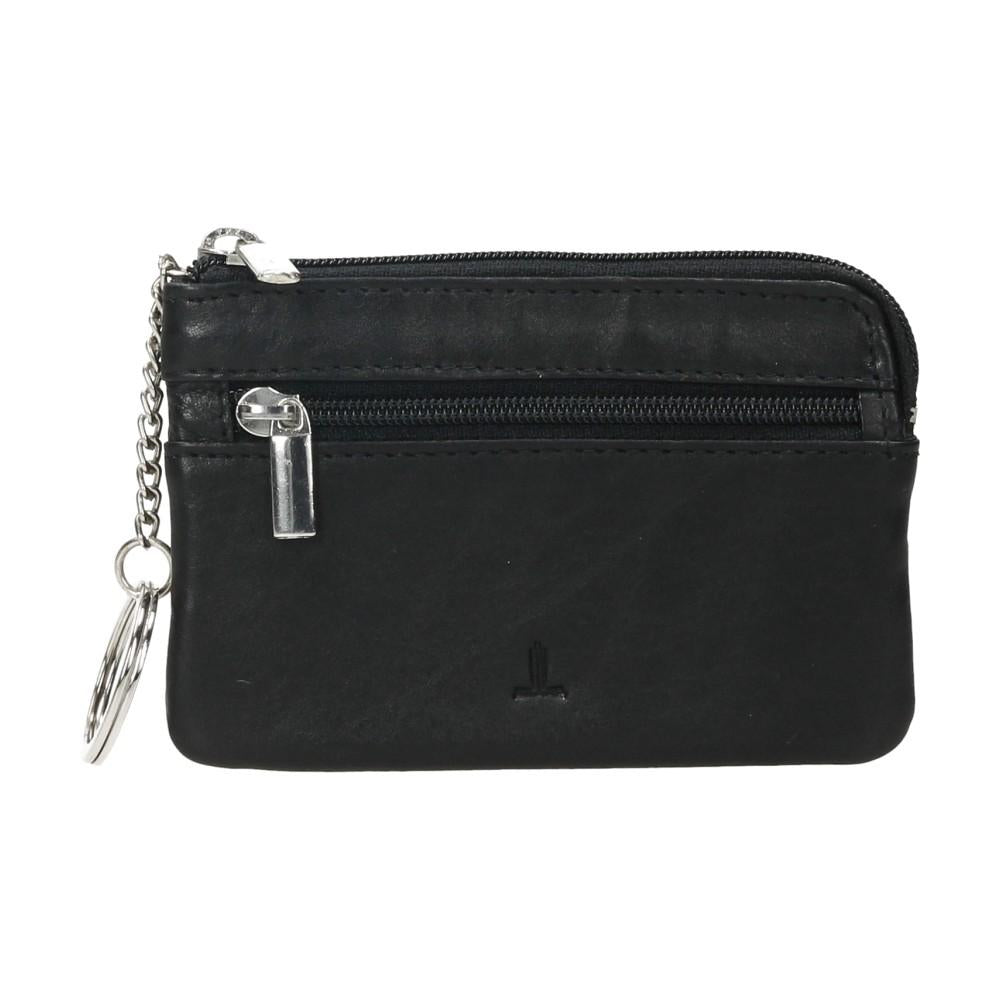 Vista frontal del monedero J.L Piel fabricado en piel auténtica negra con tres compartimentos de cremallera, protección RFID y diseño plano para hombre.