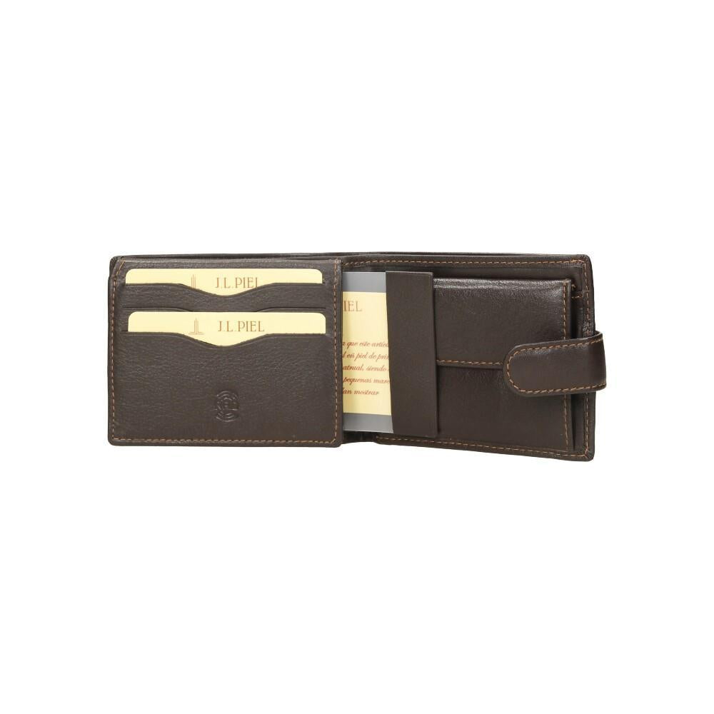 Detalle del monedero integrado y organización interior de la cartera de piel para hombre.