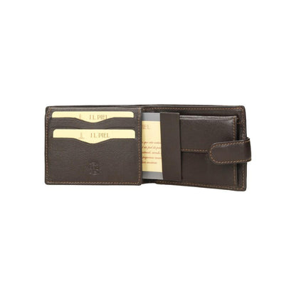 Detalle del monedero integrado y organización interior de la cartera de piel para hombre.