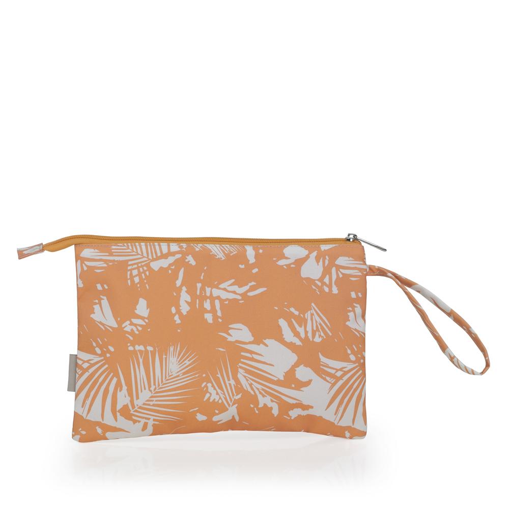 Vista frontal del neceser Gabol Cancún en color naranja con estampado tropical, cremallera superior y asa de muñeca.