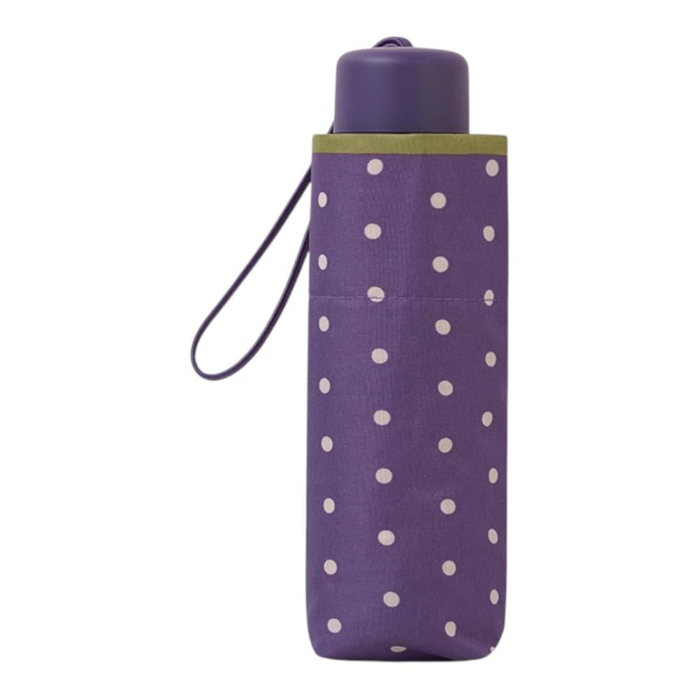 Vista frontal del paraguas corto para mujer C-Collection Dots en color morado con estampado de lunares y funda a juego.