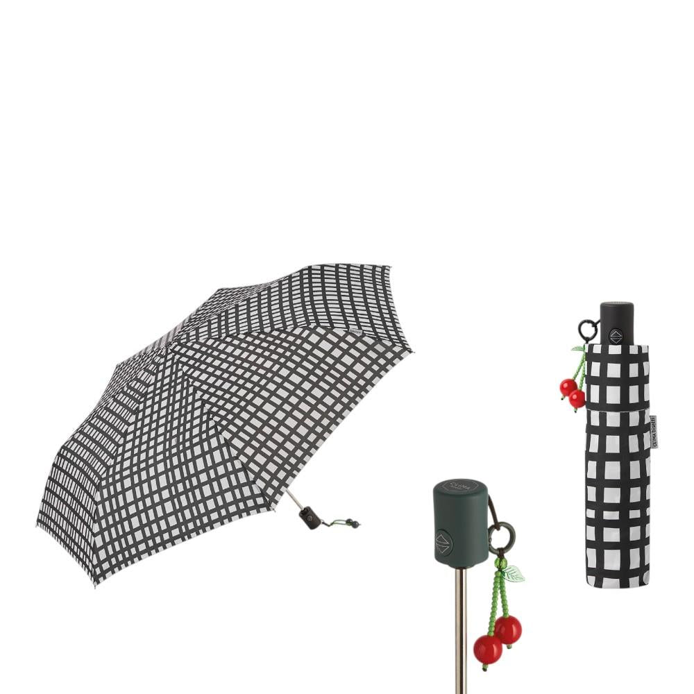 Paraguas Bisetti Gridix negro en posición abierta y cerrada, compacto, Windproof y fabricado con tejido reciclado y reciclable.