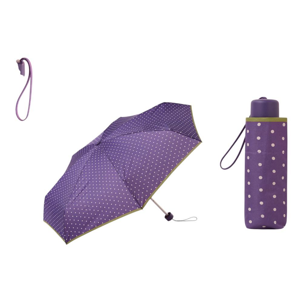 Detalle del paraguas plegable para mujer C-Collection Dots mostrando el paraguas abierto, su tamaño compacto y el elegante estampado de lunares en color morado.