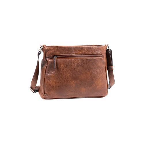 Vista posterior del bolso Matties Clasic marrón con bolsillo trasero de cremallera y bandolera ajustable para llevar cómodamente al hombro o cruzado.