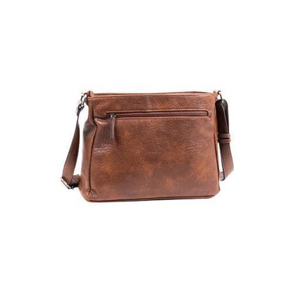 Vista posterior del bolso Matties Clasic marrón con bolsillo trasero de cremallera y bandolera ajustable para llevar cómodamente al hombro o cruzado.