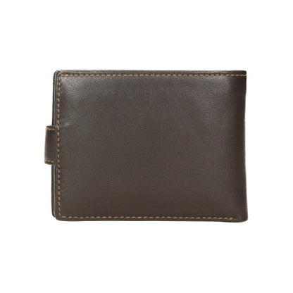 Vista posterior de cartera masculina de piel marrón fabricada en España con acabado clásico.