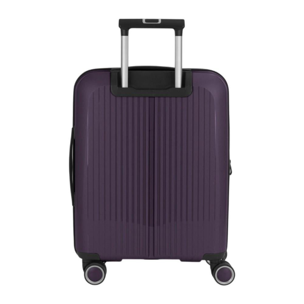 Vista posterior de la maleta de cabina Gabol Brooklyn en color morado oscuro con cuatro ruedas dobles multidirección, diseño rígido y formato compacto para viajar en cabina.