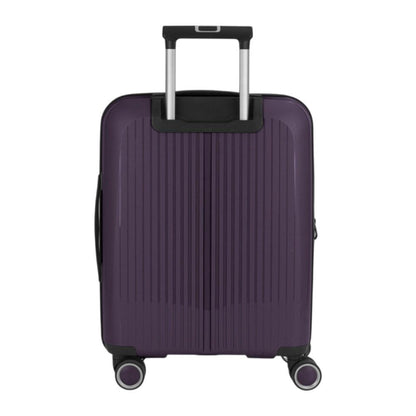 Vista posterior de la maleta de cabina Gabol Brooklyn en color morado oscuro con cuatro ruedas dobles multidirección, diseño rígido y formato compacto para viajar en cabina.