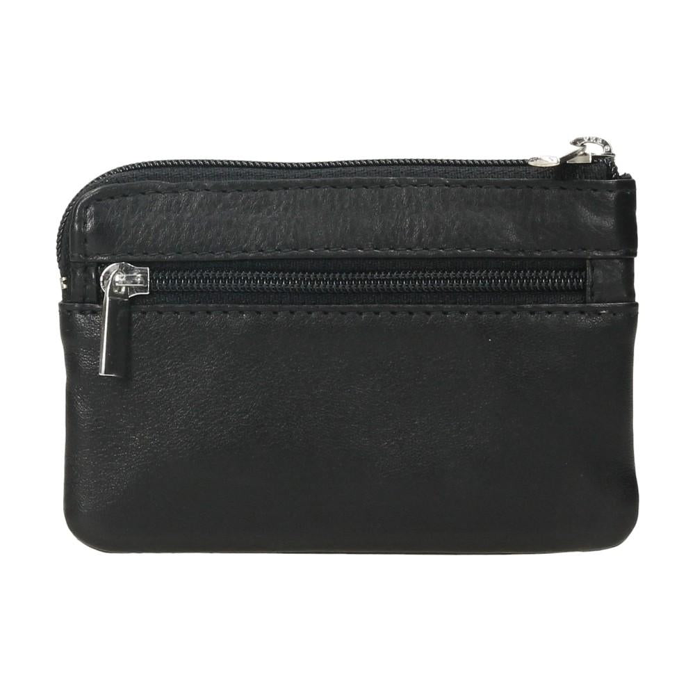 Vista posterior del monedero de piel J.L Piel negro con bolsillo trasero de cremallera y diseño fino pensado para llevar cómodamente en el bolsillo.
